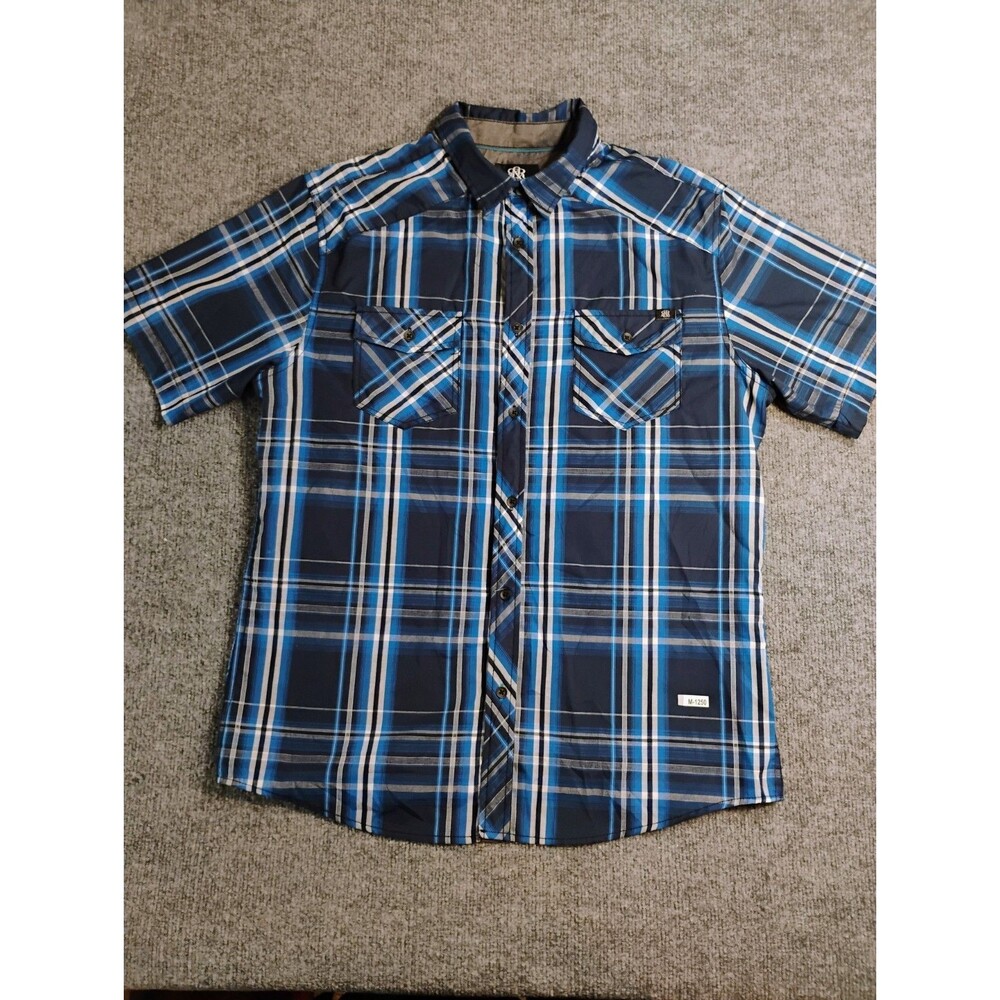 Rock & Republic Plaid Button Up Shirt Men’s Large Blue Short Sleeve Casual Y2K
